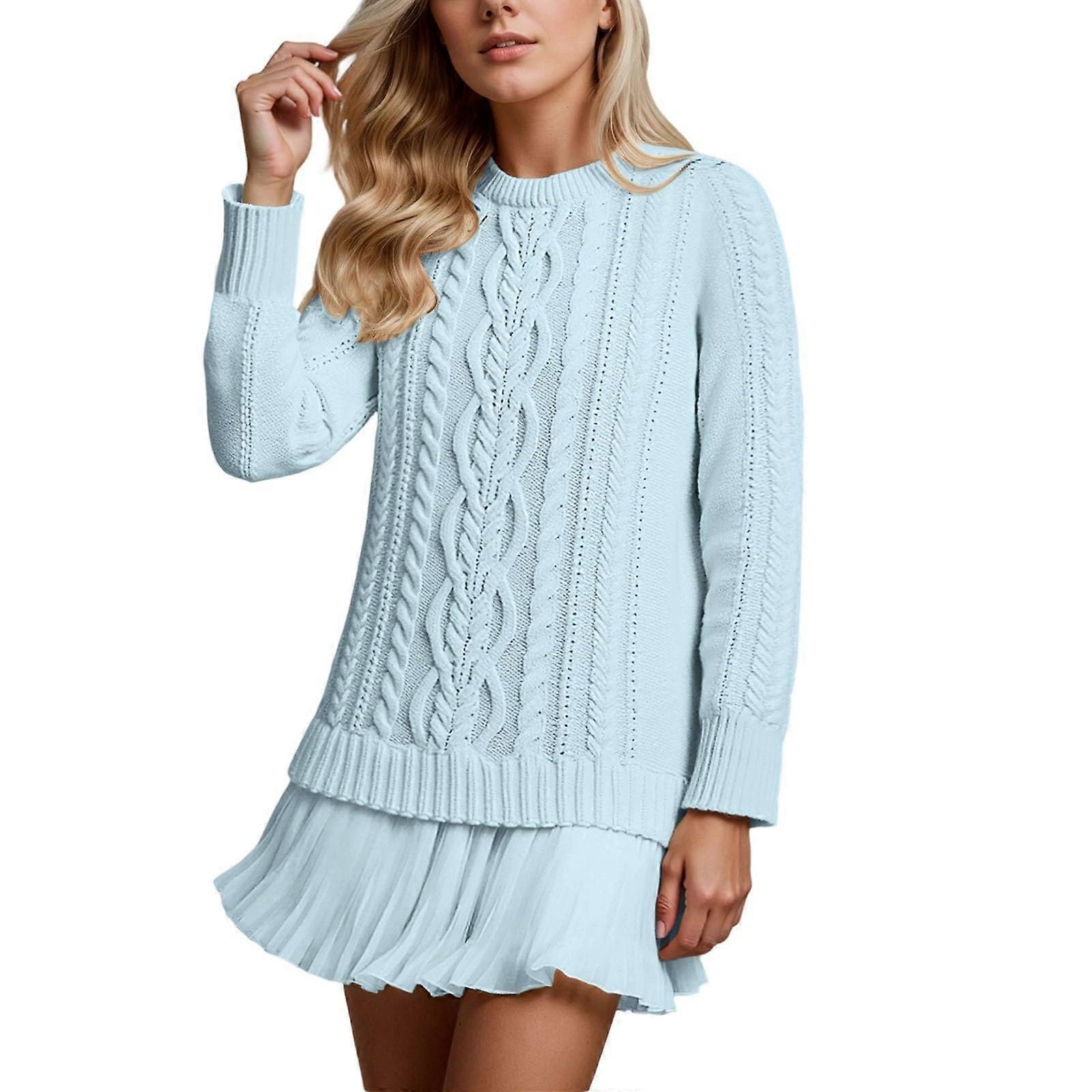 Cable Knit Short Sweater Dress for Women Long Sleeve Crew Neck Pleated  Chiffon Splicing A Line Ruffle Flare Jumper Dress Sky Blue L | Fruugo IT