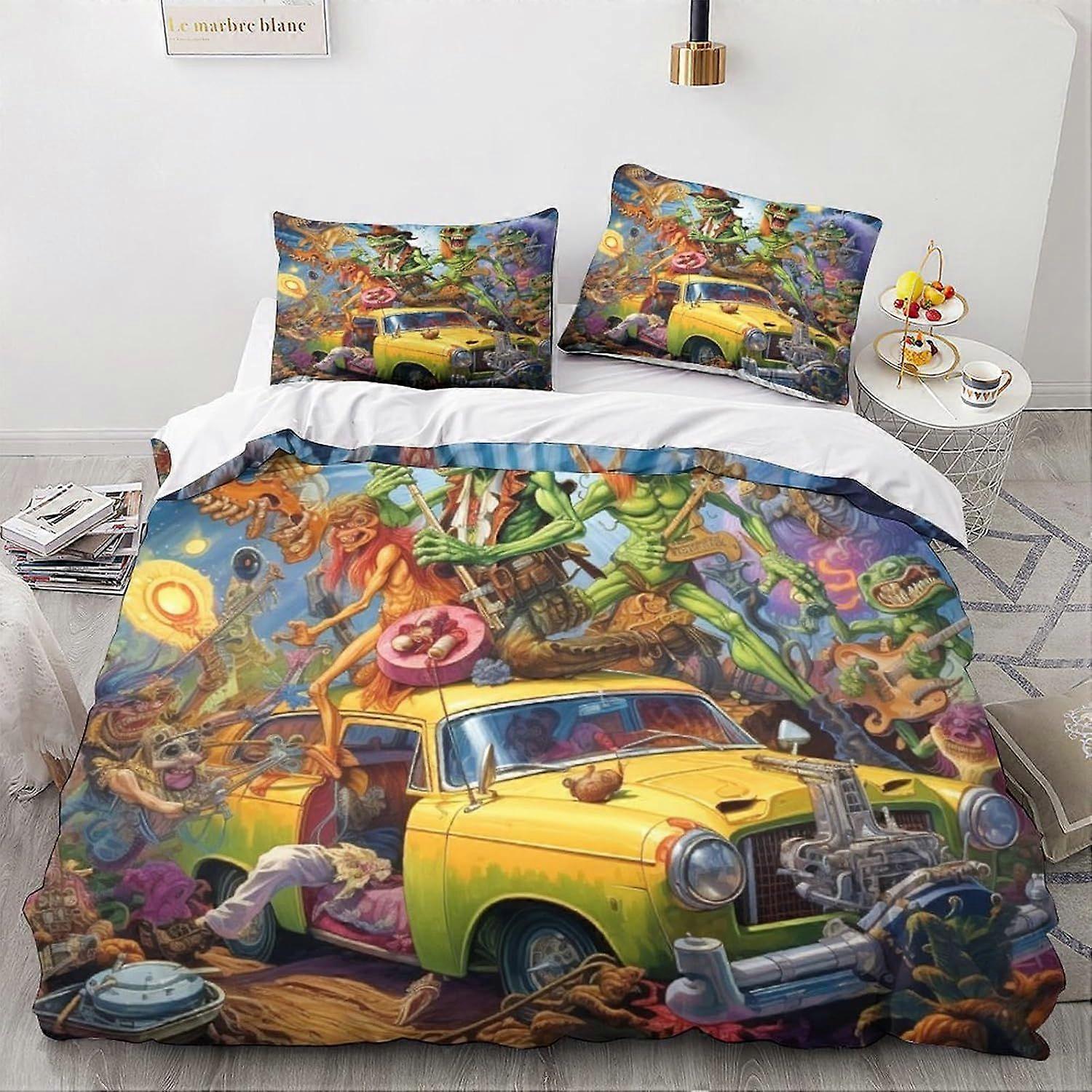 LikeEj Monsters 3D الكرتون غطاء لحاف مجموعة خمر سيارة نمط مطبوعة غطاء لحاف الفراش مع إغلاق سحاب 3 قطع غطاء لحاف لينة