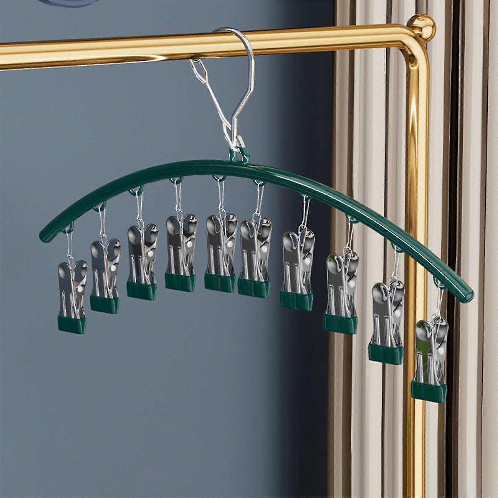 Stainless Steel Sock Drying Rack with 10 Clips, Windproof NonSlip Clothes Hanger for Underwear, Towels, SpaceSaving 42x25cm