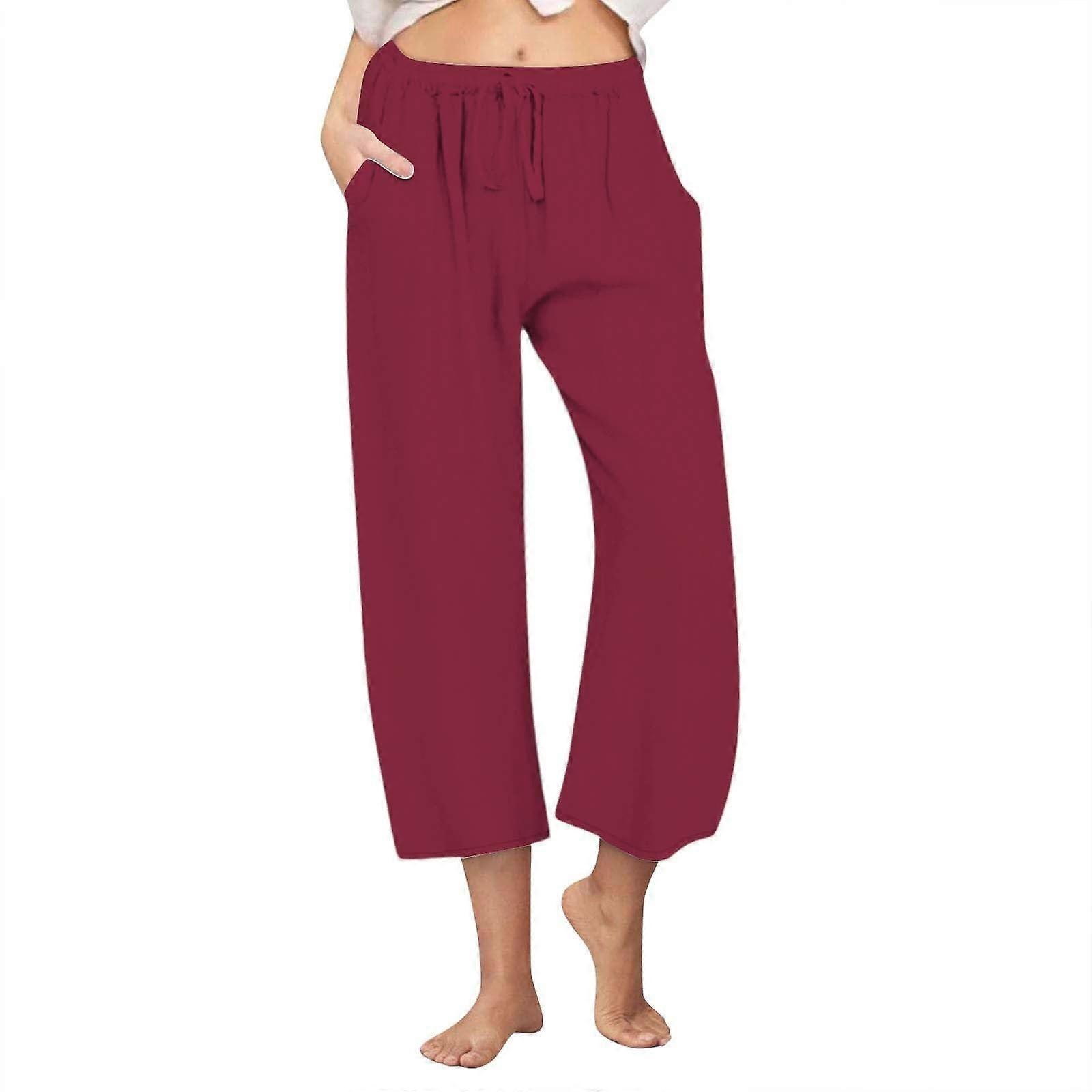 Women's cotton and linen wide-leg pants with drawstring elastic waist, casual style, and pockets.  Burgundy XL