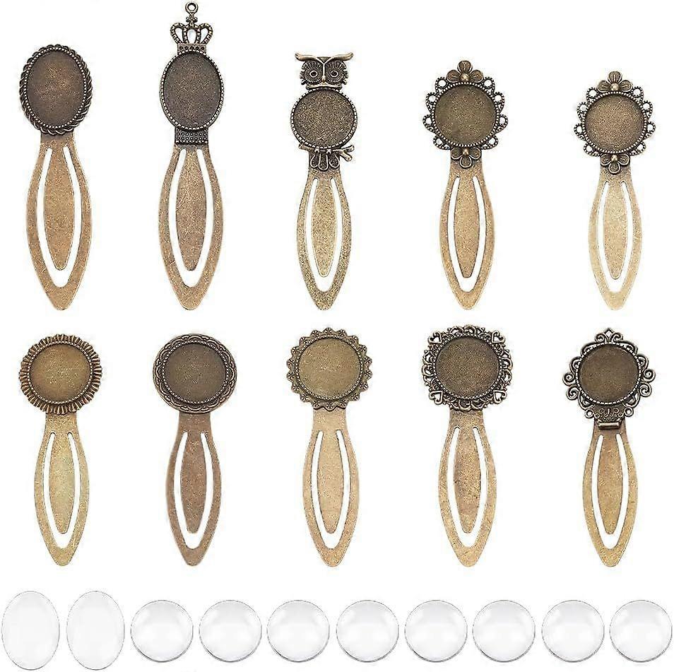 10 Styles Vintage Bookmarks Bezel Blanks Tray Bronze Bookmarks Settings with Round Tray Cabochon Bookmark Making for DIY Bookmark Making Book Lovers T