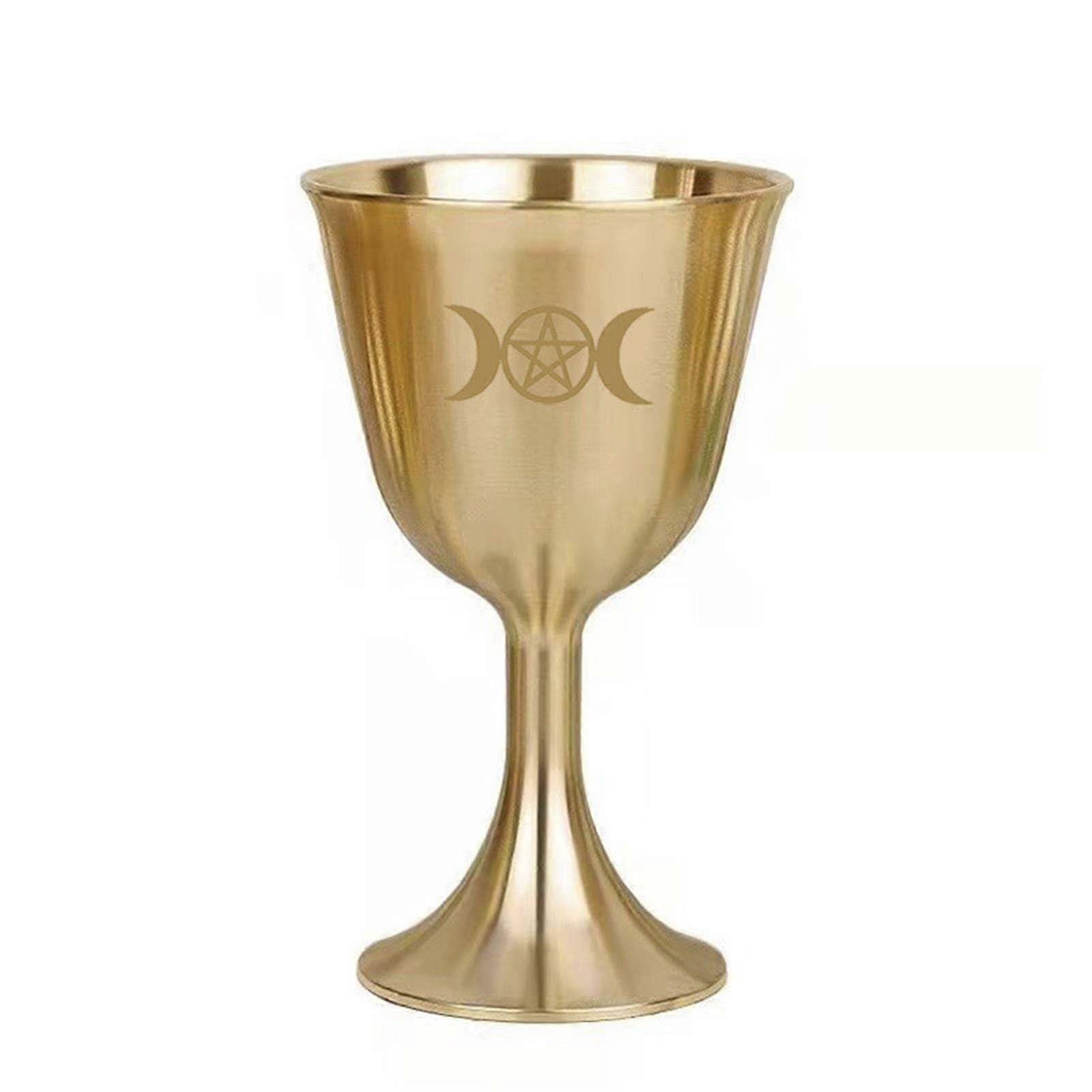 Vintage Brass Wiccan Altar Chalice with Triple Moon and Pentagram Design, 3.15in Ritual Goblet Cup