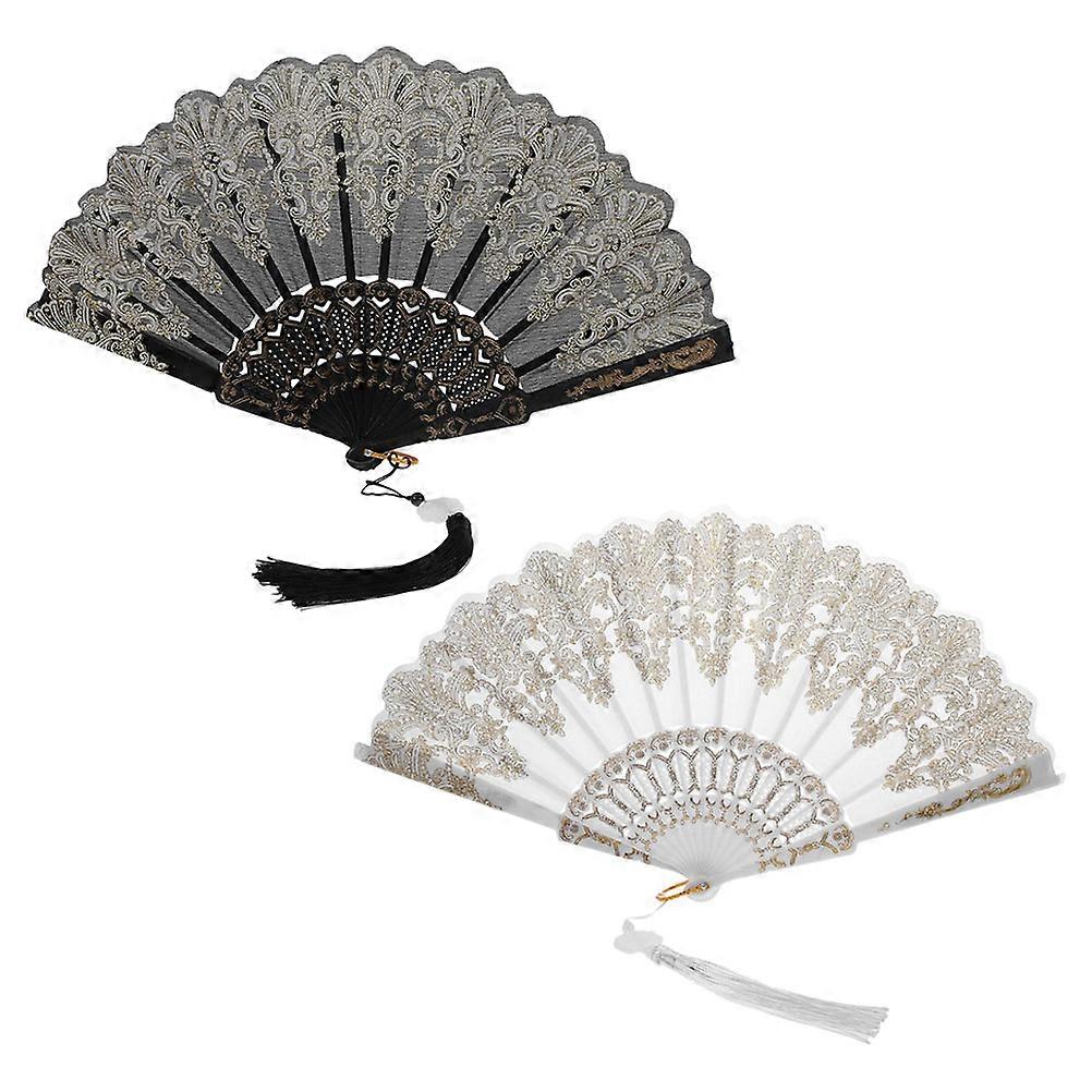 2Pcs Elegant Embroidered Folding Hand Fan Delicate Pattern Handheld Dancing Fan