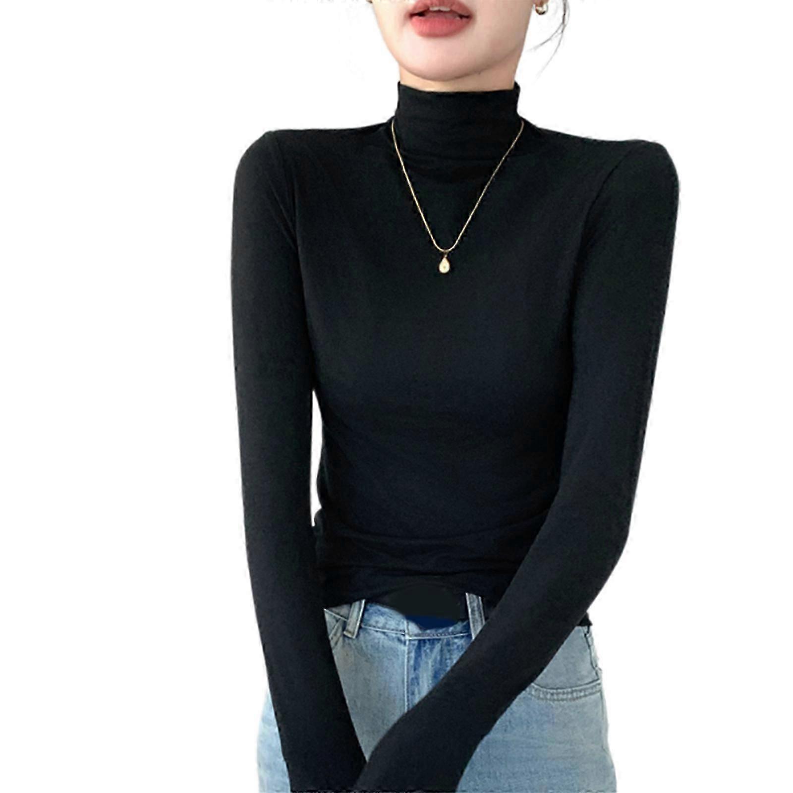 Womens Slim Fit Long Sleeve Half Turtleneck Shirt Solid Color Skinny Basic Undershirt Warm Base Layer Pullover Top soot XXL