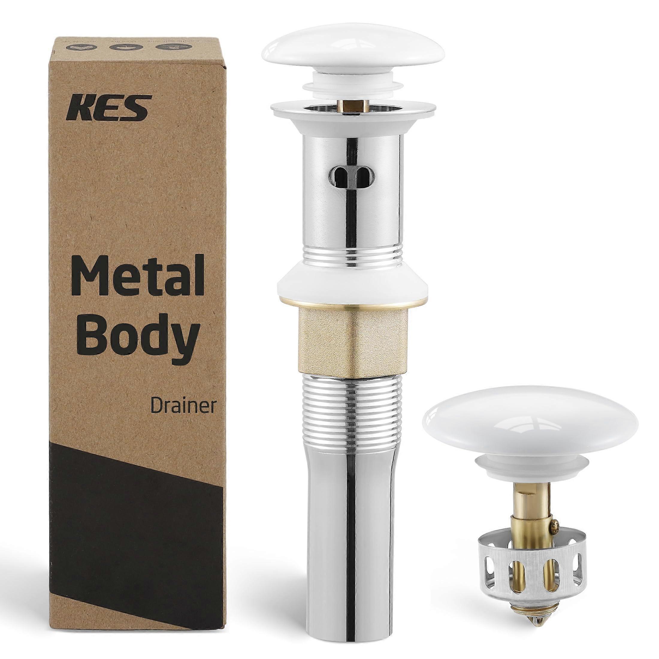 Bathroom Sink Pop Up Drain with Overflow, Rustproof Ceramic Cap, AllMetal AntiClog Strainer, White