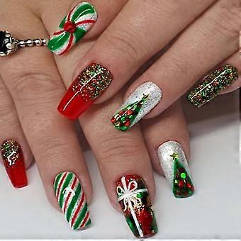 24 Pcs Christmas Glitter Press On Nails Set, Medium Coffin Full Cover Acrylic Fake Nails with Reusable Adhesive Kit