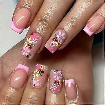Short Square Press On Nails Daisy Flower Pink French Tip Fake Nails Long Lasting 24pcs
