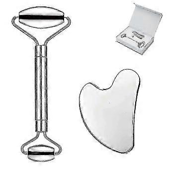 Gua Sha-set i rostfritt stål och ansiktsmassage-rullinstrument för massage ansikte, ögon och nacke, praktiska ansiktsmassageverktyg för kroppsvård