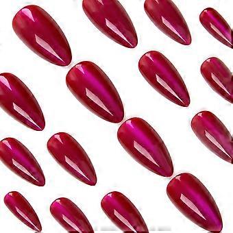 Long Acrylic Fake Nails, Shiny Ombre Red to Pink, Almond Shape, 24pcs