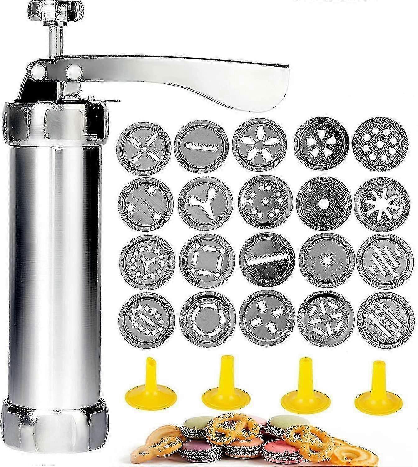 Stainless steel cookie press with 20 interchangeable discs