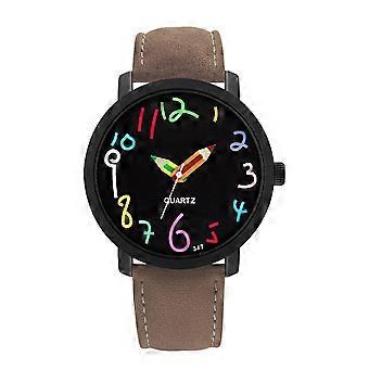 Lovely Gift Watch Fashion Printed Wristwatch For Toddlers Black Dial Brown Band 1PC