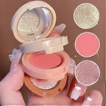 Three Layer Blush Highlight Combo Palette, 2 Tone Milk Peach Mermaid Shimmer Matte Face Makeup Compact, Holiday Gift