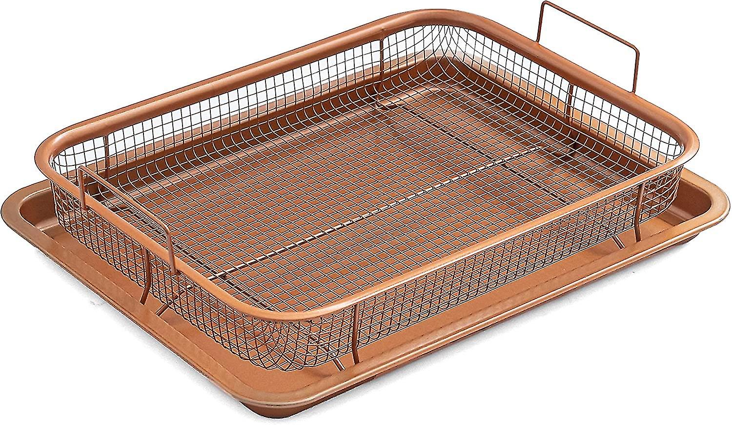 Non-stick Oven Baking Tray With Elevated Mesh Crisping Grill Basket (2 Piece Set )gold