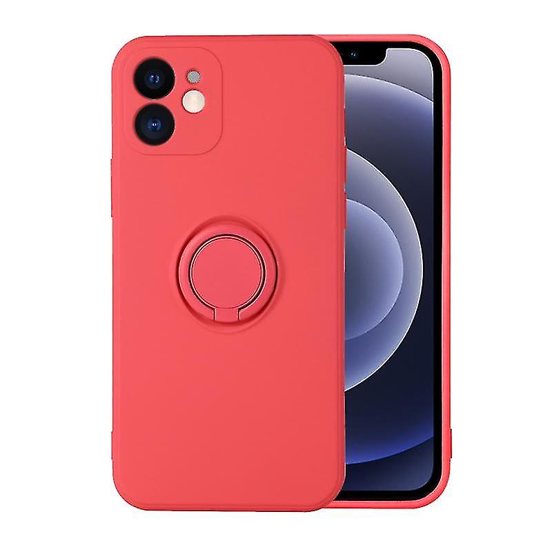 For Iphone 12 Solid Color Liquid Silicone Shockproof Full Coverage Protective Case With Ring Holder(camellia Red)