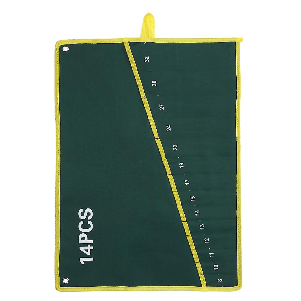1Pc Durable Canvas Spanner Wrench Tool Roll Up Storage Bag Green 14 Pockets