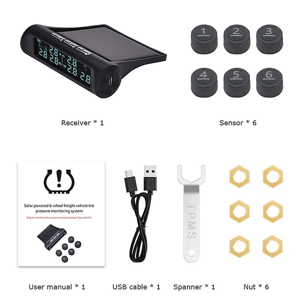 Usb Solar Charging Car Tpms Wireless Tire Pressure Monitor 6 External Temperature Alarm System Digital Tyre Pressure Monitor