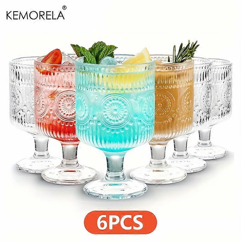 6/8pcs, Vintage Goblet Glasses 8 Oz Wine Glasses, Embossed Floral Glass Cups Set, Clear Drink Glasses, Drinking Goblets, Bar Tumbler Glassware For Ice
