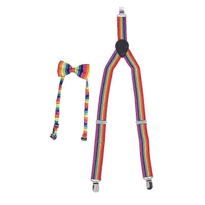 Elastic Band And Rainbow Color Striped Tie Adjustable X Back Elastic Suspenders Unisex Rainbow Party Accessory (65x2.5cm)