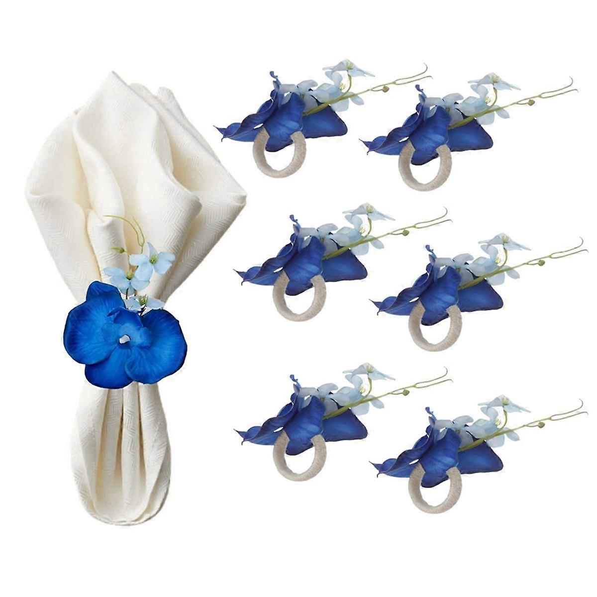 6PCS χειροποίητα δαχτυλίδια Serviette αγκράφων δαχτυλιδιών λουλουδιών ορχιδέας μπλε για