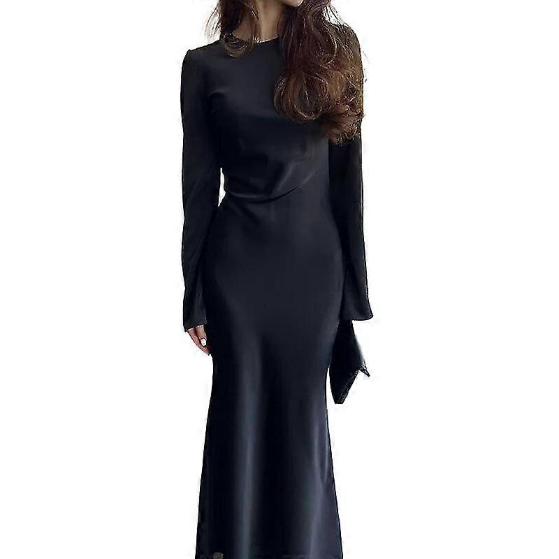 Femei satin moda Slim Maxi rochie cu mânecă lungă talie înaltă elegant solid rochie