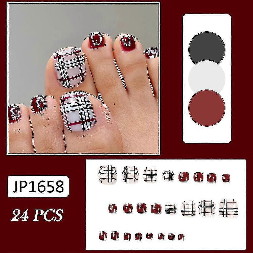 24 قطعة من النبيذ اللامع الأحمر إصبع القدم الكاذب مسمار لطيف منقوشة مسمار وهمية للنساء نماذج فتاة الغراء