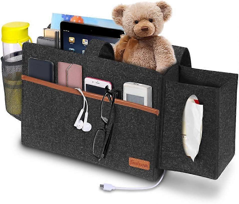 Bed organizer bag felt bed shelf with tissue box and bottle holder anti-slip sofa storage bag for book, magazines, iPad, mobile phone, remote control