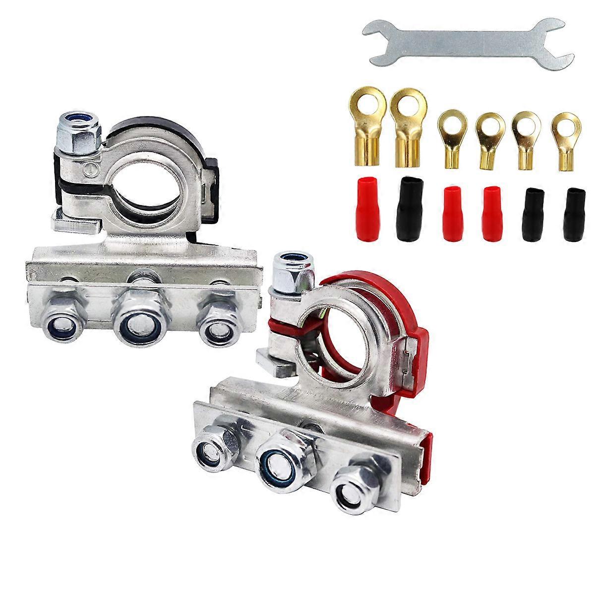 Pack of 2 Battery Terminals and Wrench, 3-Way 12V Tinned Copper Battery Terminal, Positive and Negative Battery Connection, Car Battery Clip for Car, 