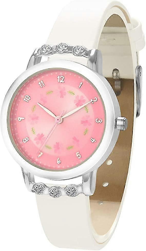 Children Watch With Flower Dial Diamond Case Leather Strap