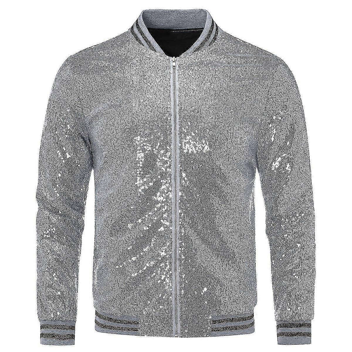 Mens Sequins Casual Zipper Party Bomber Jacket