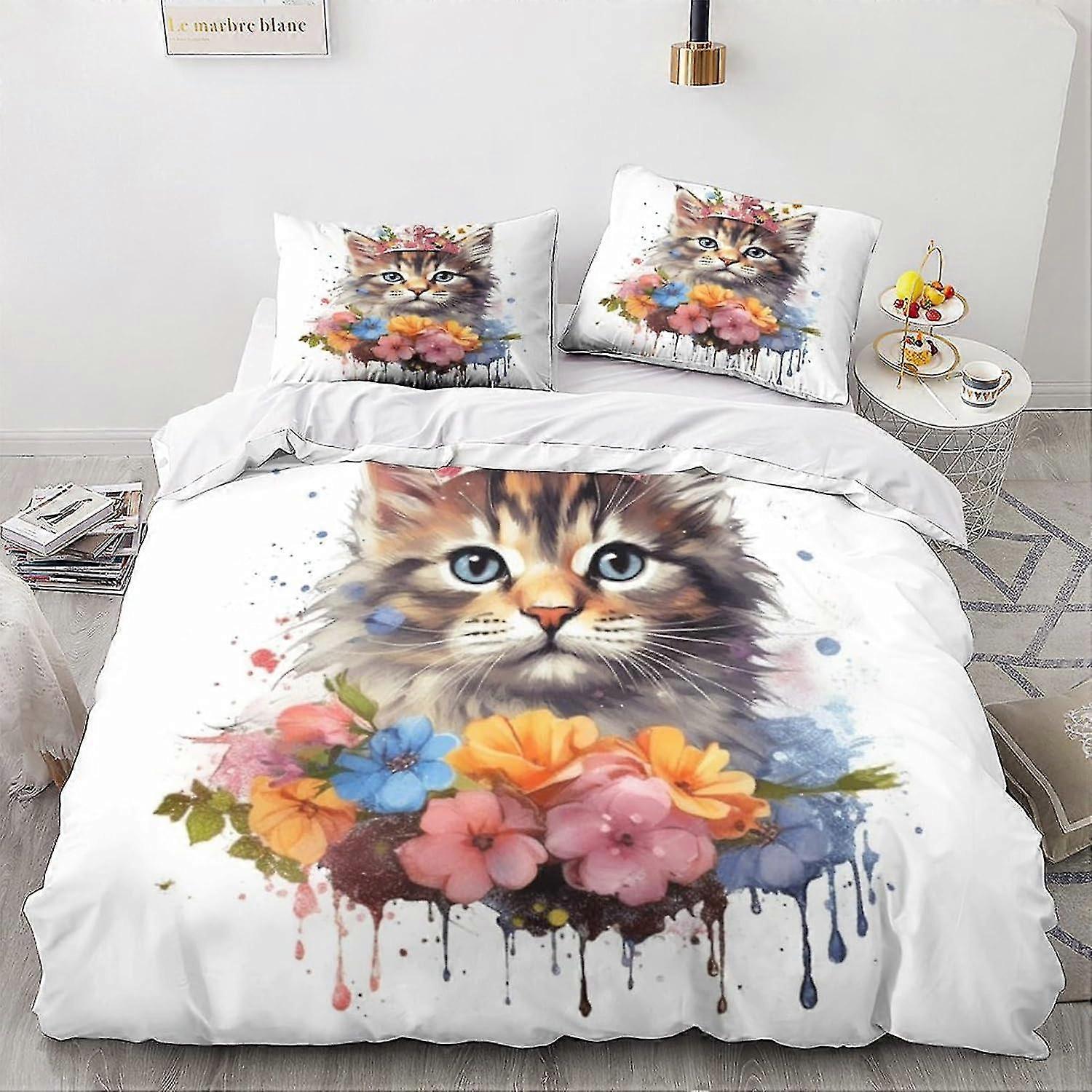 o3873 Lenzuola Cat Style 3D Digital Print Animal Bedding Set Set di copripiumino con stampa Kitty carino Copripiumino Copripiumino in morbida microfibra 3 pezzi con chiusura a cerniera