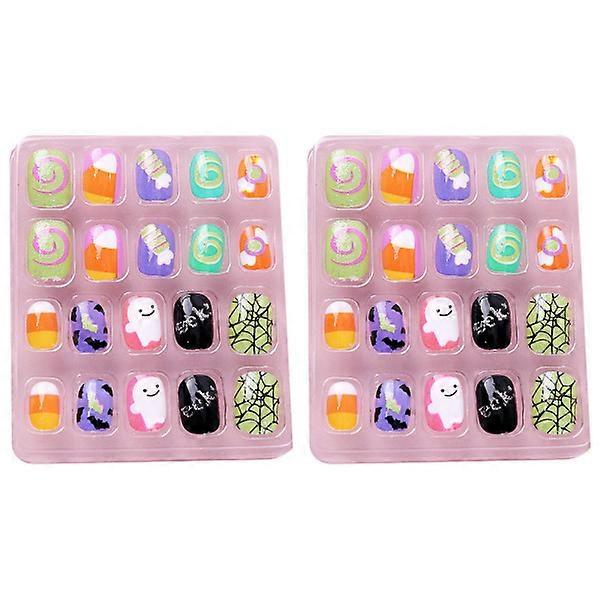 40pcs/2 Boxes Kids Fake Nails Assorted Patterns Full Cover Artificial Nails