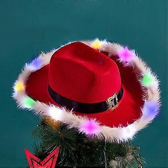 Weihnachtsfeder mit LED-Lichtern Cowboyhut Roter Western-Cowboy Roter Hut Weihnachtsmann Verzierte Lichter HutOPP
