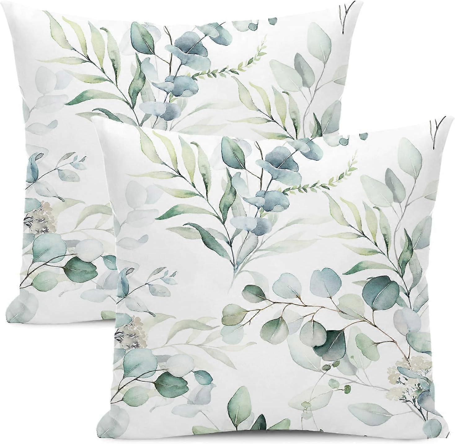 Spring Sage Green Pillow Covers 16x16 Inch Set of 2,Watercolor Eucalyptus Floral Throw Pillows Case,Seafoam Leaves Print Decorative Square Cushion Cov