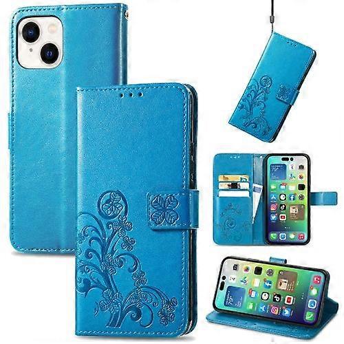 For iPhone 15 Four-leaf Clasp Embossed Buckle Leather Phone Case