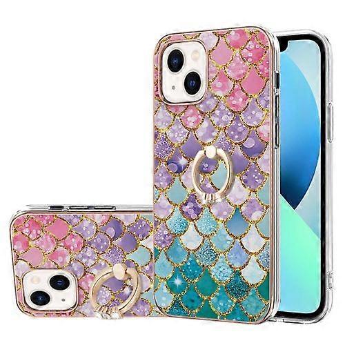 For iPhone 15 Electroplating Pattern IMD TPU Shockproof Case with Rhinestone Ring Holder