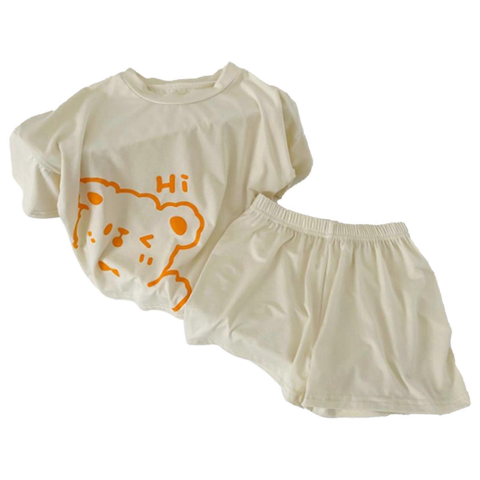 barn sommar pyjamas set 2 stycken tecknad pyjamas kortärmad kortbyxor modal fritid nattkläder set för pojkar flickor beige 120cm