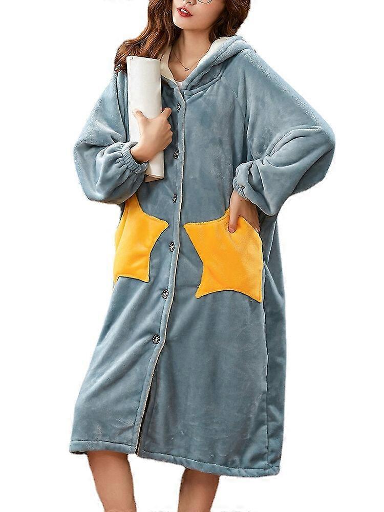 Women's Warm Hooded Coral Fleece Robe With Double Star Pockets