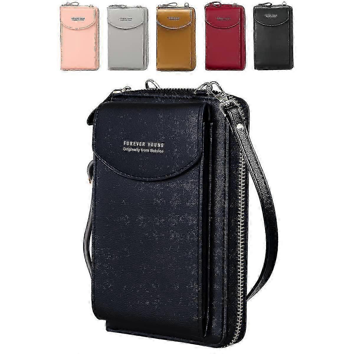 תיק טלפון חוצה גוף לנשים, עור נשים חוצות תיקים לגוף שקיות טלפון נייד עם חריץ לכרטיס רוכסני רצועה ארוכים