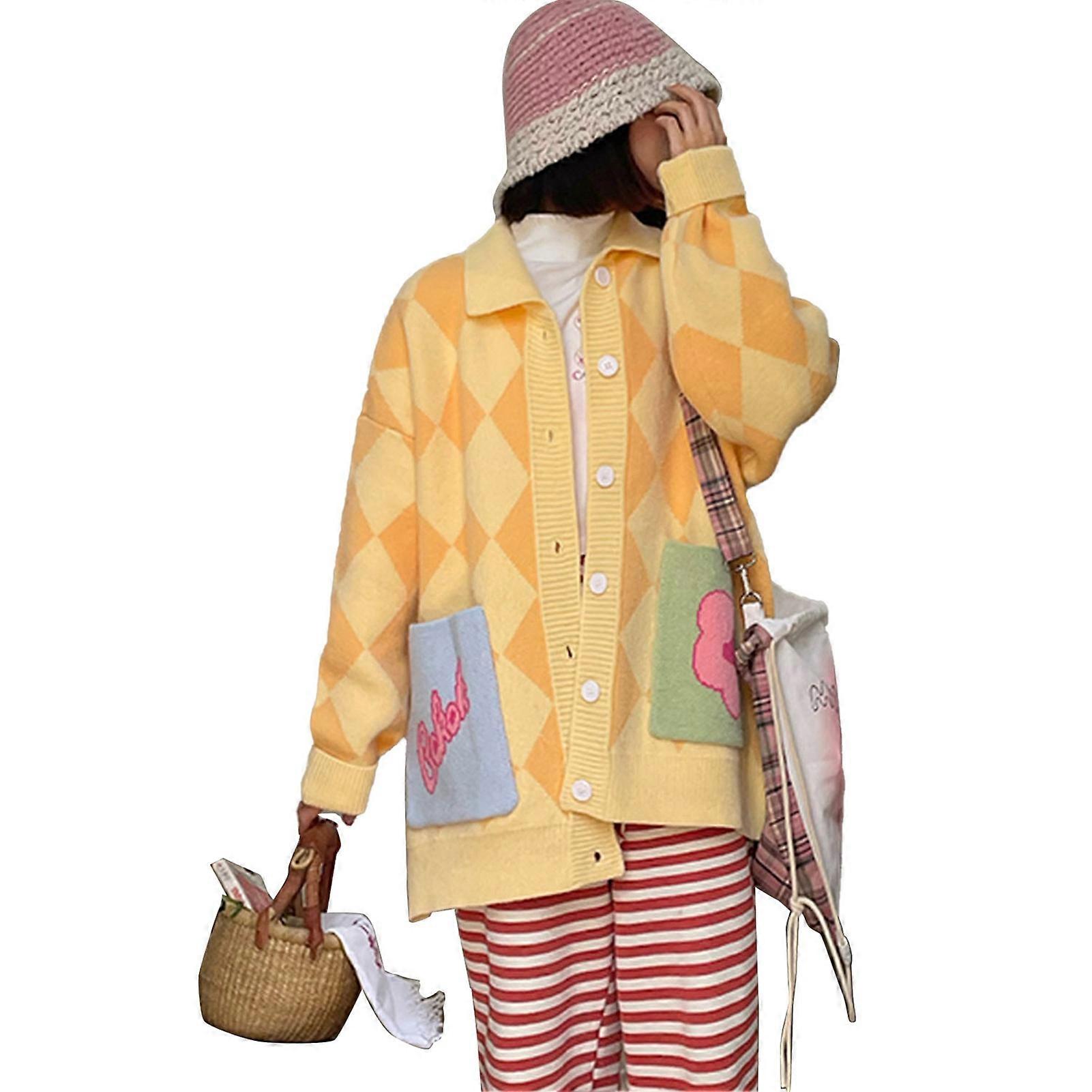 Women Open Front Sweater Turn Down Collar Single Breasted Color Blocking Open Front Knitted Outerwear