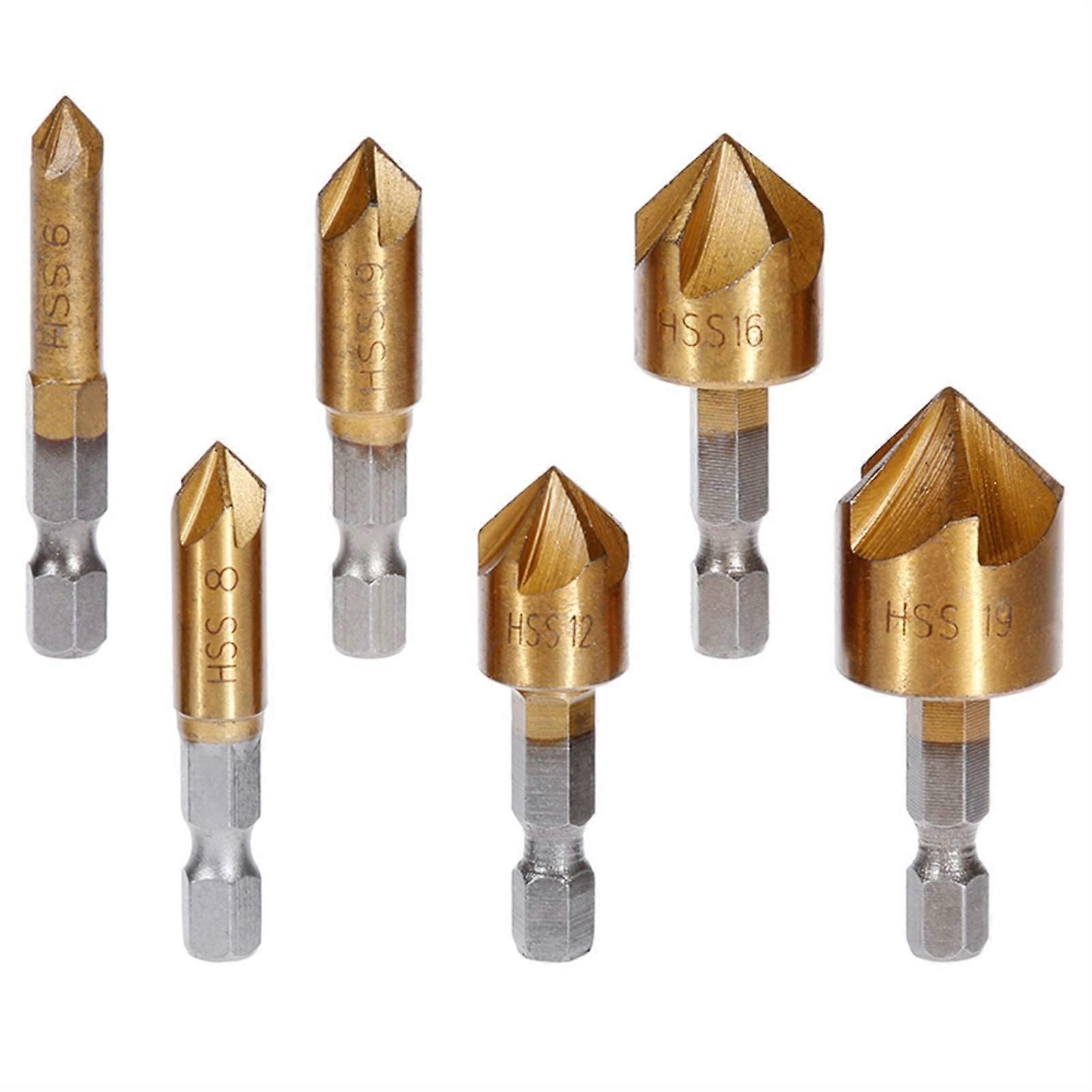 6PCS 1/4 Hex Shank Chamfer Bit, Carpentry Woodworking Angle Point Bevel Cutting Cutter