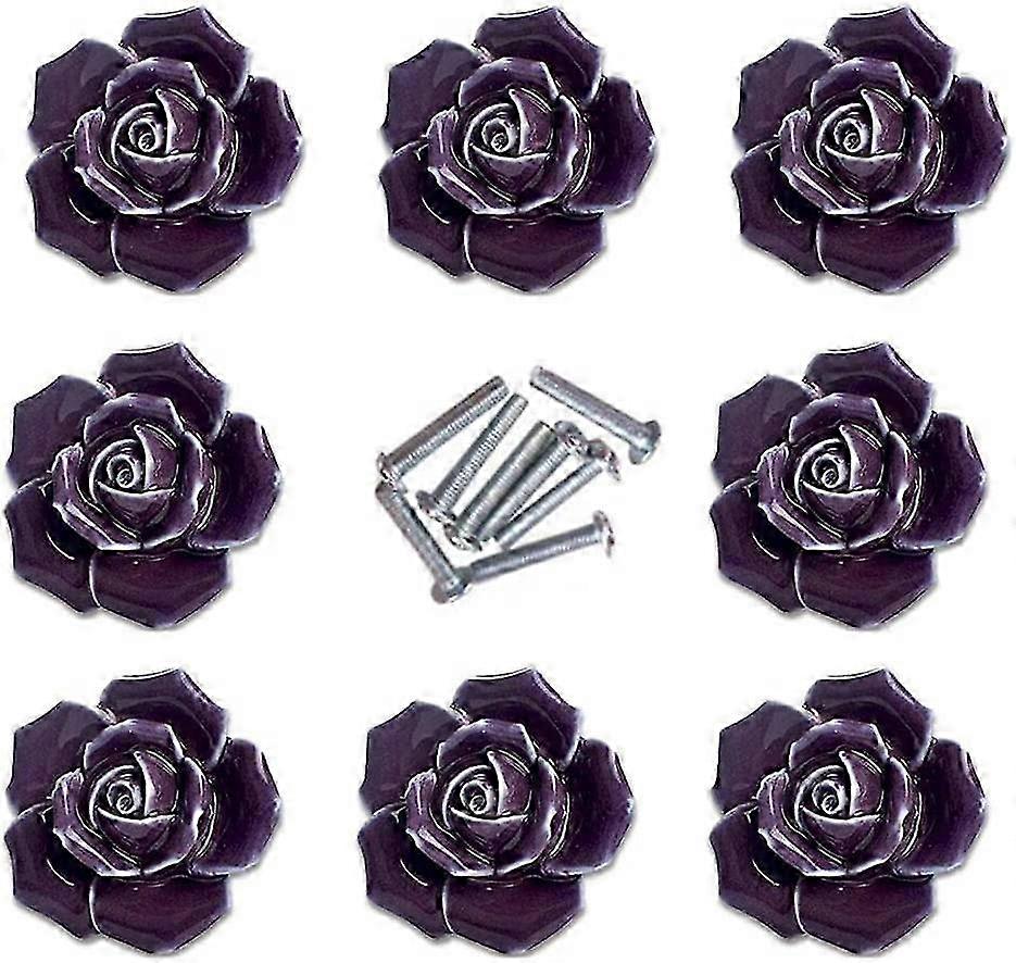 LM 8Pcs Elegant Purple Rose Pulls Flower Ceramic Cabinet Knobs Cupboard Drawer Pull Handles OIL