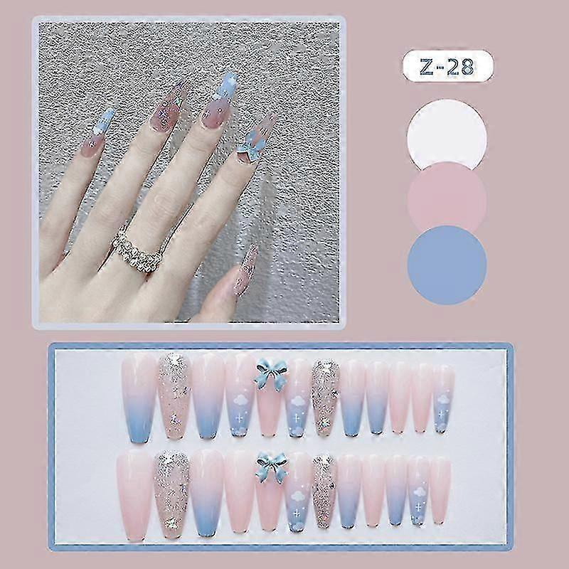 24pcsグラデーションブルーフェイクネイルロングポインテッドヘッドスウィートスタイルプレス爪