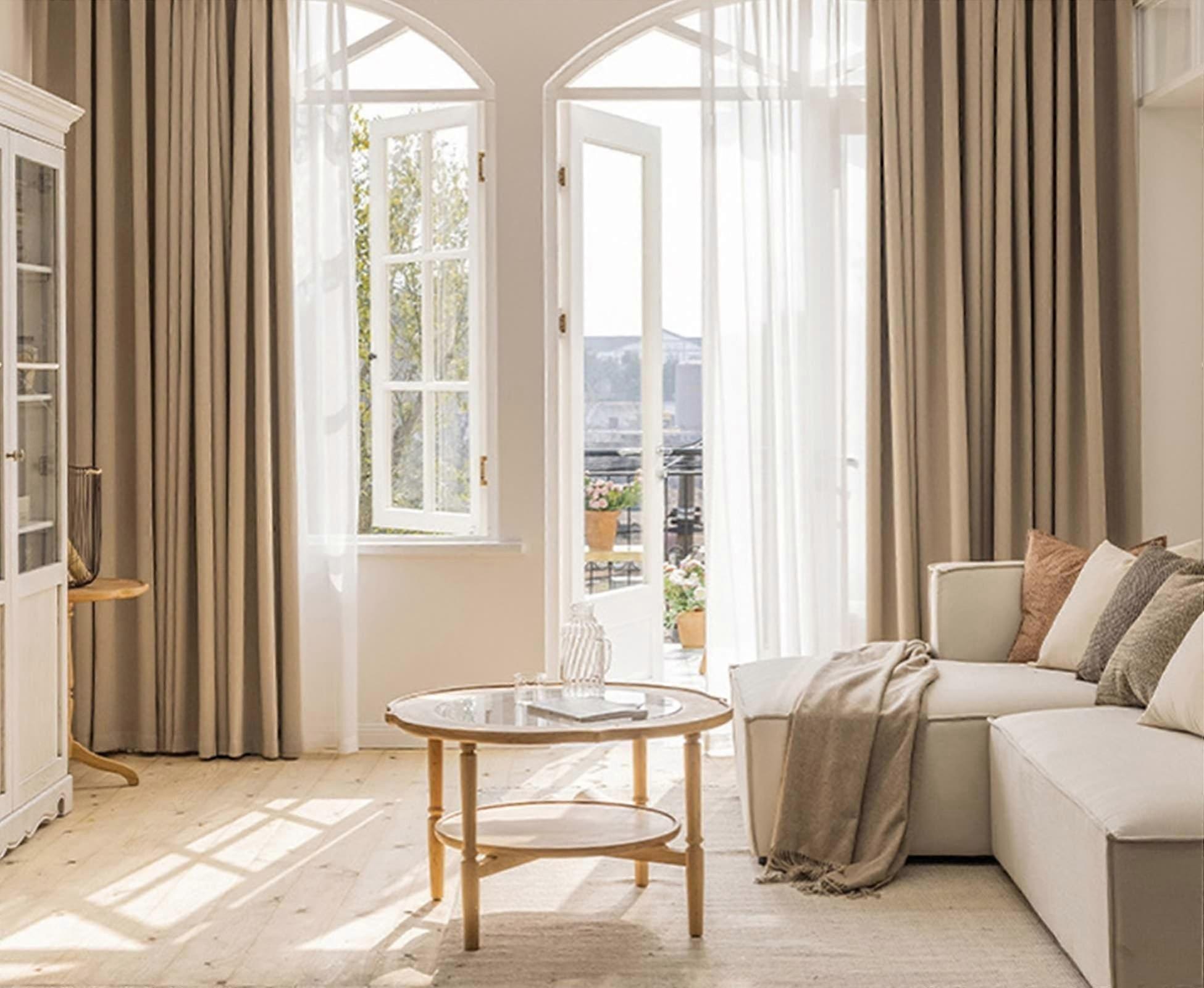 Chenille eyelet curtain, linen look solid color, W 96 x H 138cm, light brown