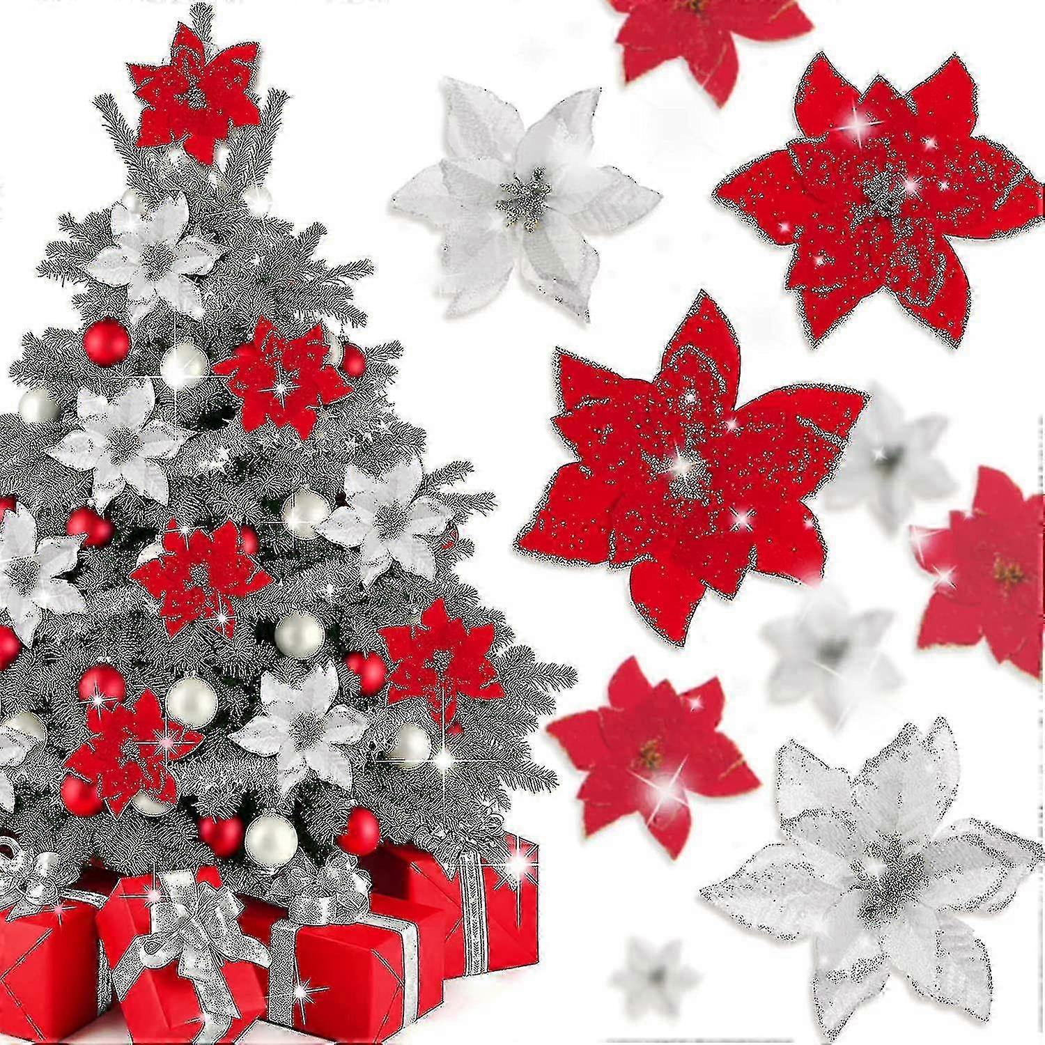 40 יחידות Poinsettia פרחי חג המולד מלאכותיים עם 40 יחידות קליפים ו-40 יחידות גבעולים אדום כסף נצנצים פרחים חגיגיים