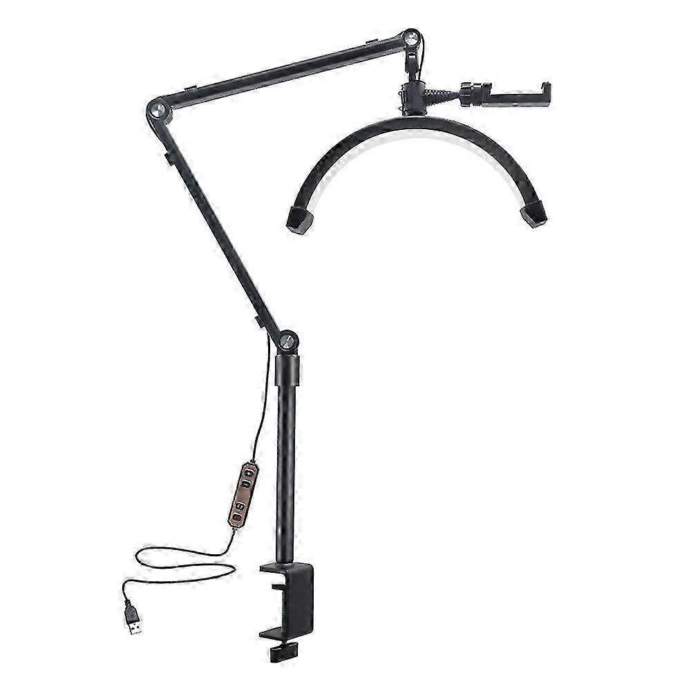 10W Desktop LED Video Light Half-moon Shaped Fill Light Bi-color Light 3200K-5600K Dimmable 10 Level Brightness Adjustable with USB Cable C-Clamp Desk