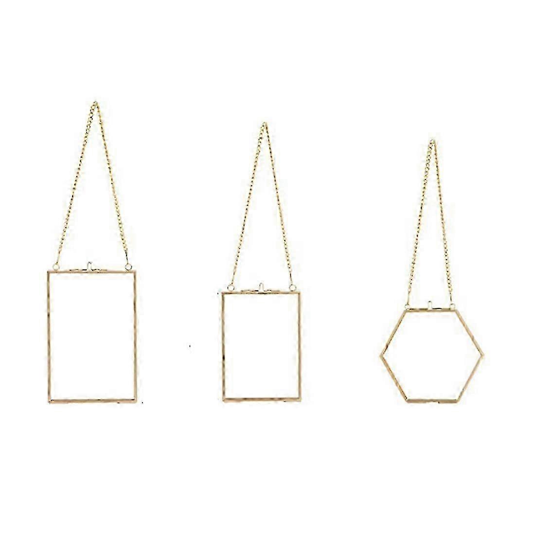 3 Packs Pressed Flowers Glass Frames- Golden Hanging Glass Picture Frames with Chain Floating DIY Artwork Display Frames JP