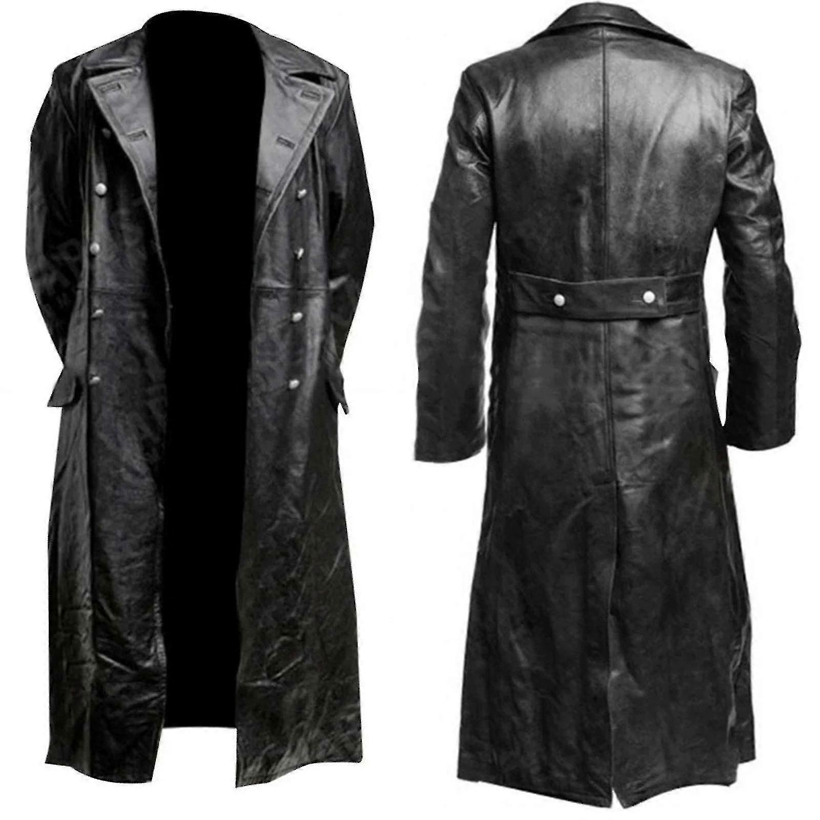 Svart trenchcoat i läder för män i militär stil