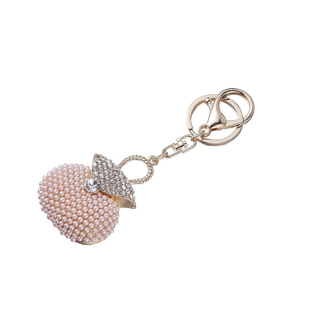 Creative Key Chain Pearl Handbag Shape Crystal Diamond Metal Key Ring Decorations Accessories for Women Girls 1 Set Pink