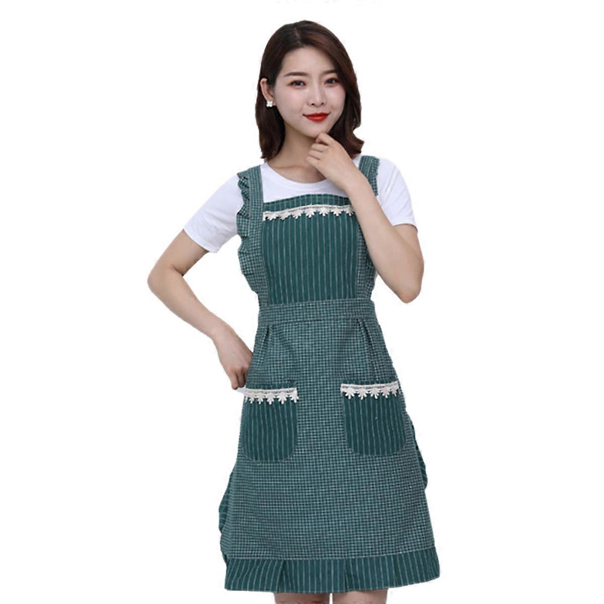 Dark Green Cotton Apron Double Layer Two Pockets Chef Cooking Apron for Home Kitchen Easy Clean Reusable