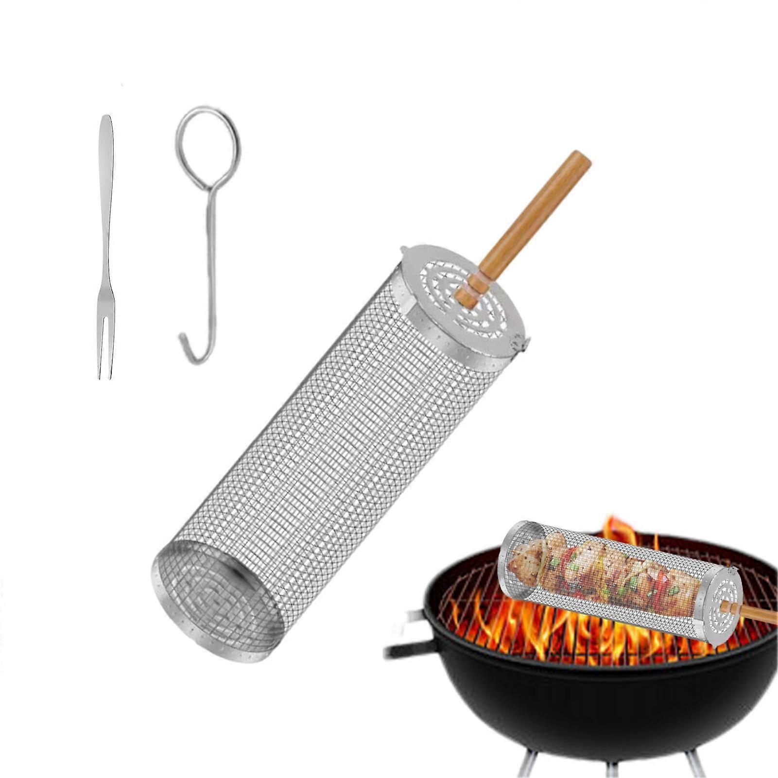 Grill Basket With Stand And Handle, Steel Wire Cylinder Mesh, Nonstick Barbecue Grill Basket, Small Multicolored